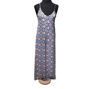 Vince Camuto Tile Print Maxi Dress Jumpsuit Wide Leg Boho Resort Blue Pink Small